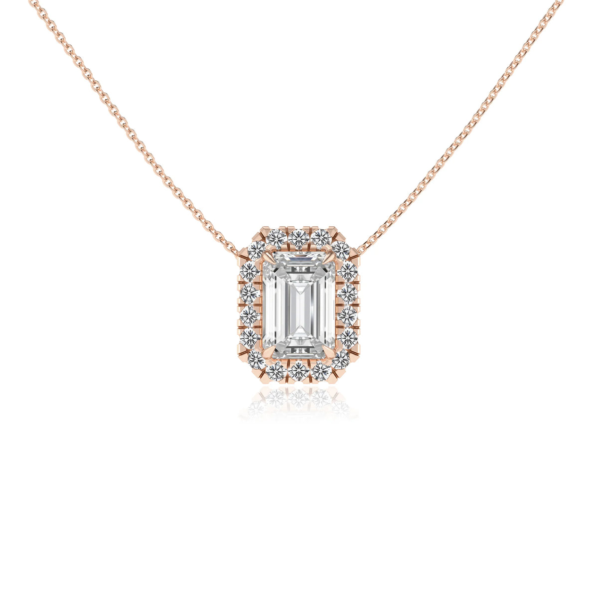 lab grown moissanite emerald cut solitaire necklaces in rose gold 