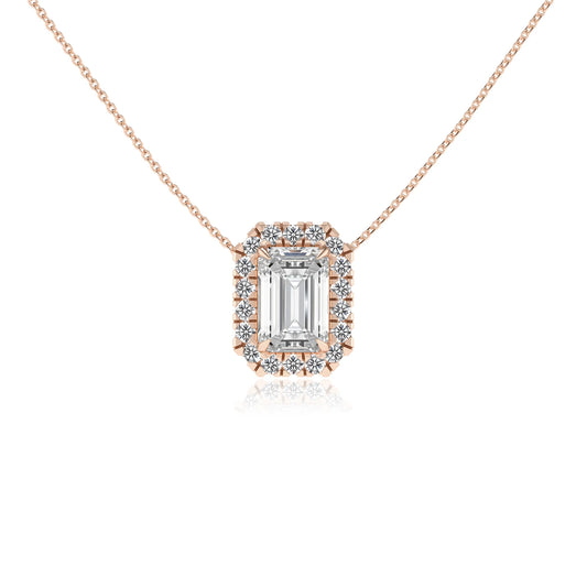 lab grown moissanite emerald cut solitaire necklaces in rose gold 