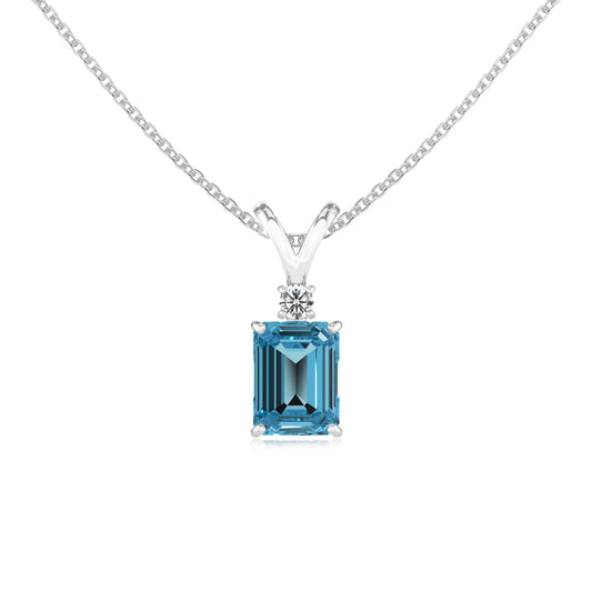 natural swiss-blue-topaz emerald cut solitaire v-bale necklaces in white gold 