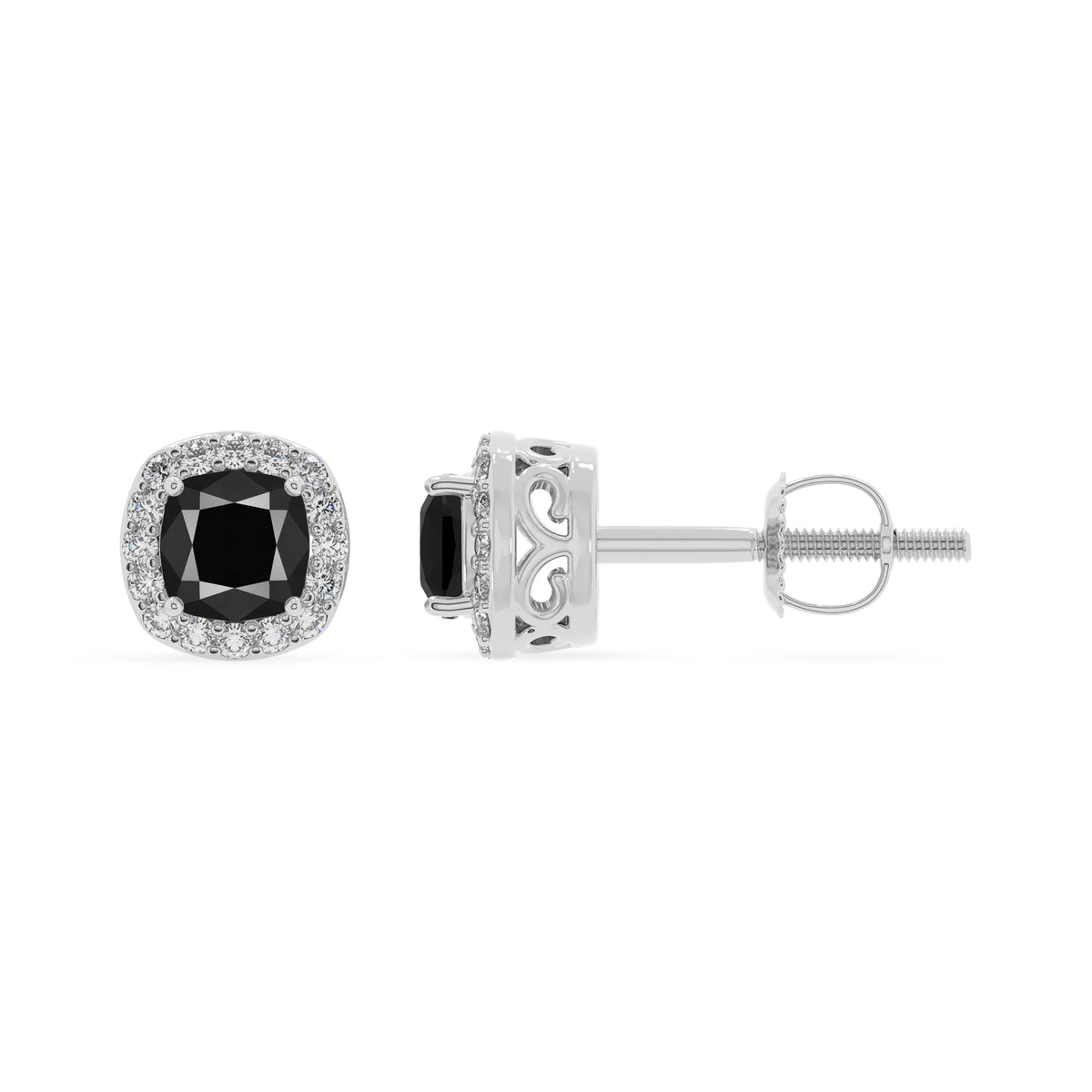 natural black onyx cushion stud earrings in platinum 