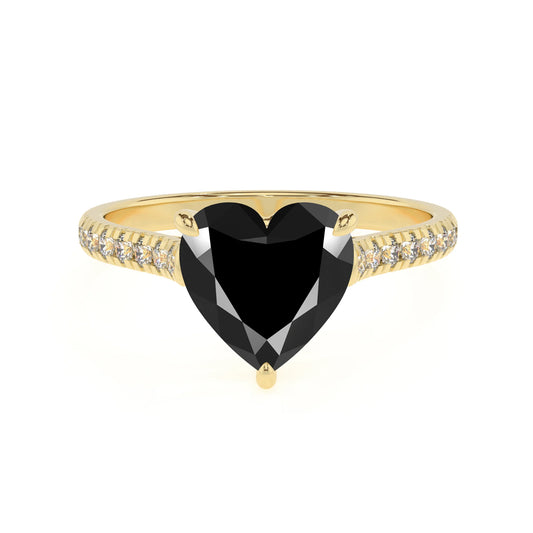 natural black-onyx heart half eternity solitaire engagement rings in yellow gold 