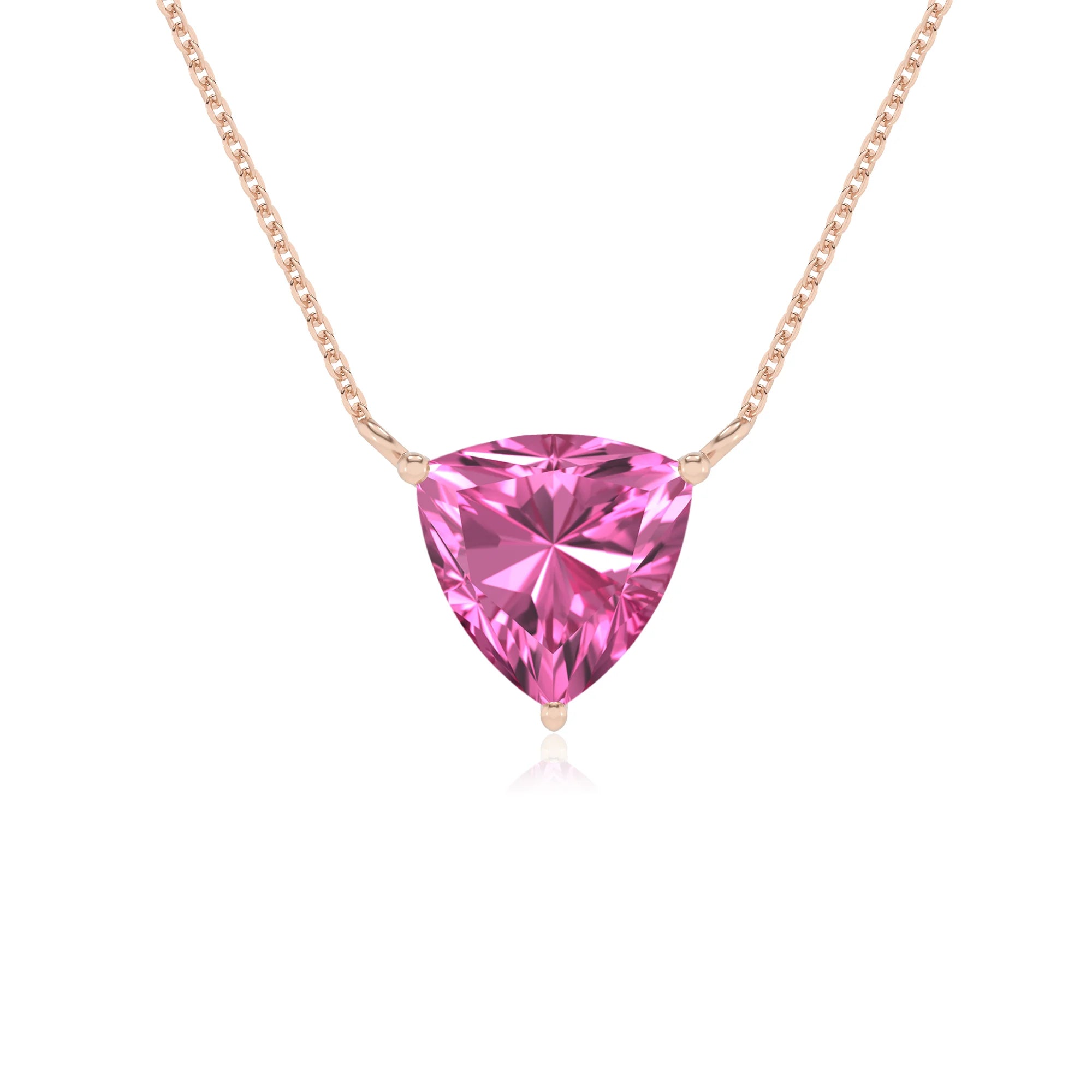 lab grown pink-sapphire trillion solitaire necklaces in rose gold 