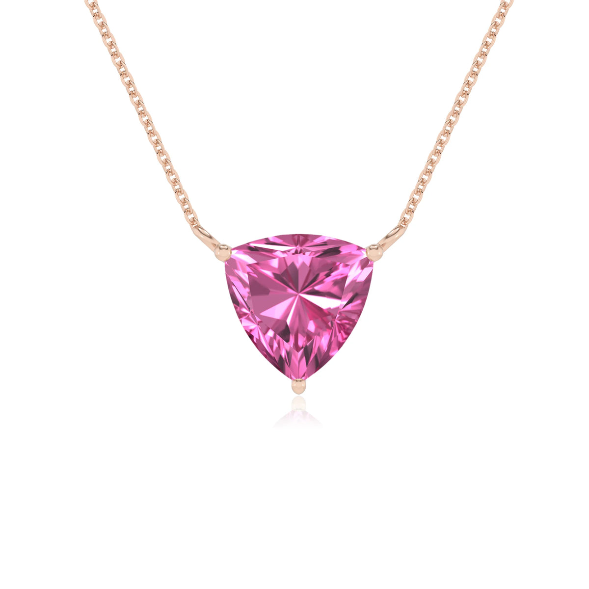 lab grown pink-sapphire trillion solitaire necklaces in rose gold 