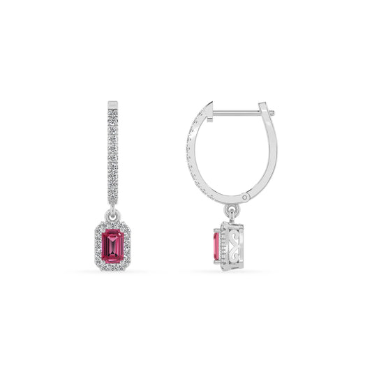 lab grown pink tourmaline emerald cut drop earrings in sterling silver 