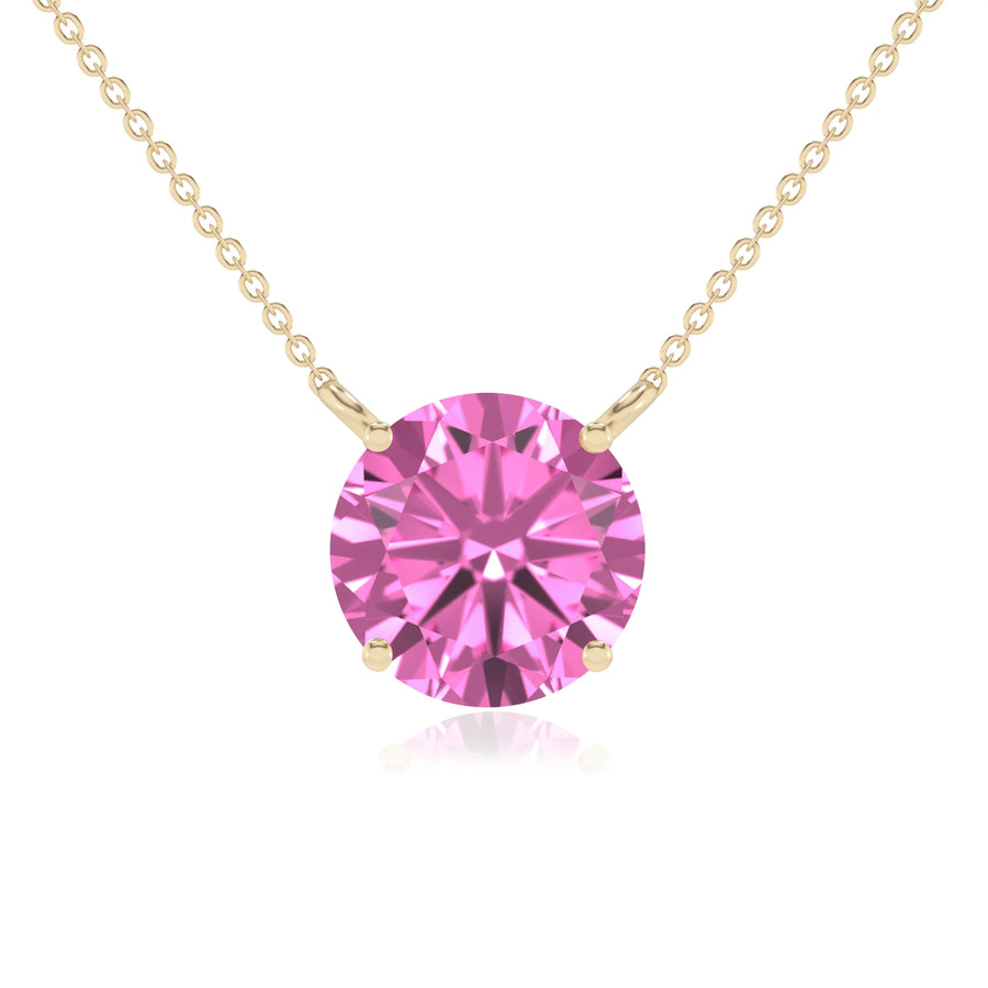 lab grown pink-sapphire round solitaire necklaces in yellow gold 