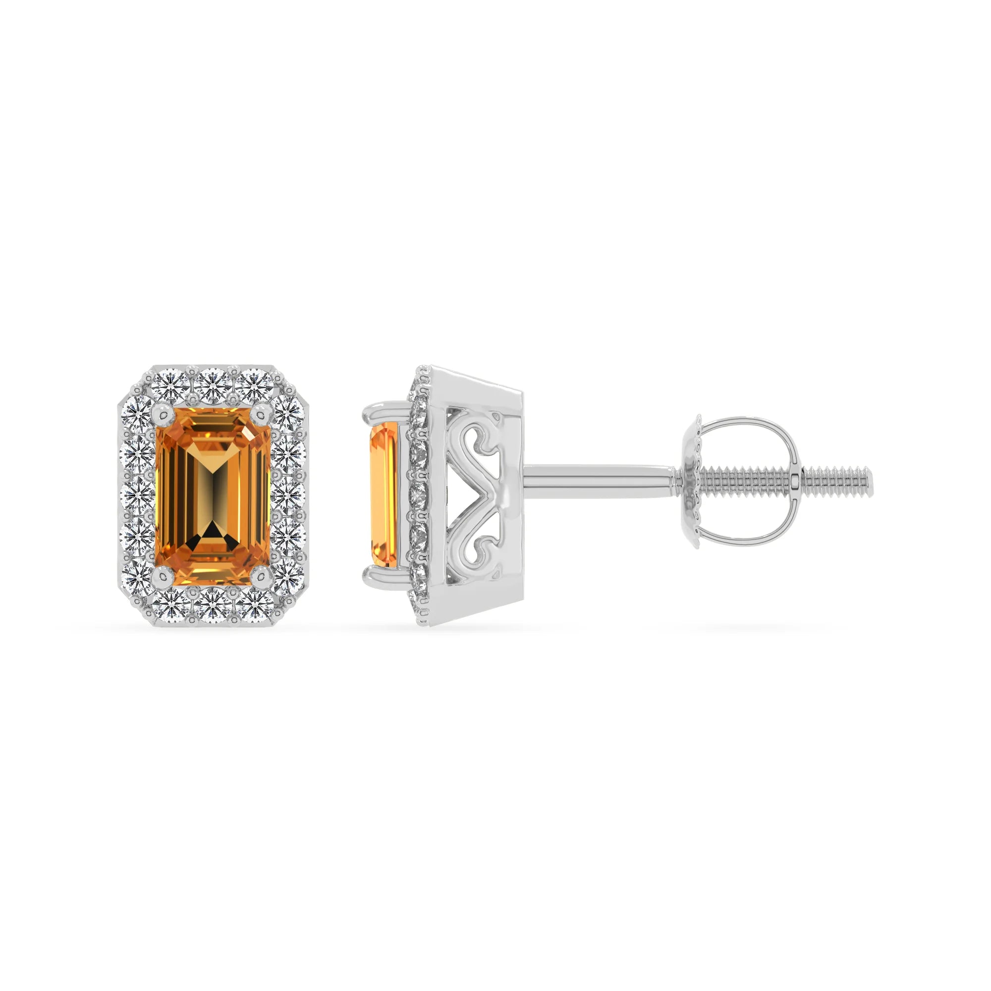 lab grown citrine emerald cut stud earrings in white gold 