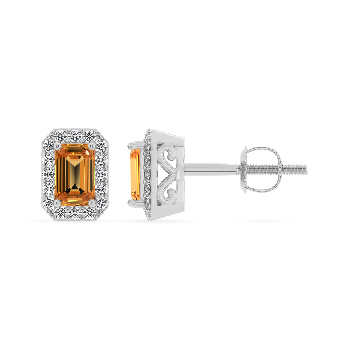 lab grown citrine emerald cut stud earrings in white gold 