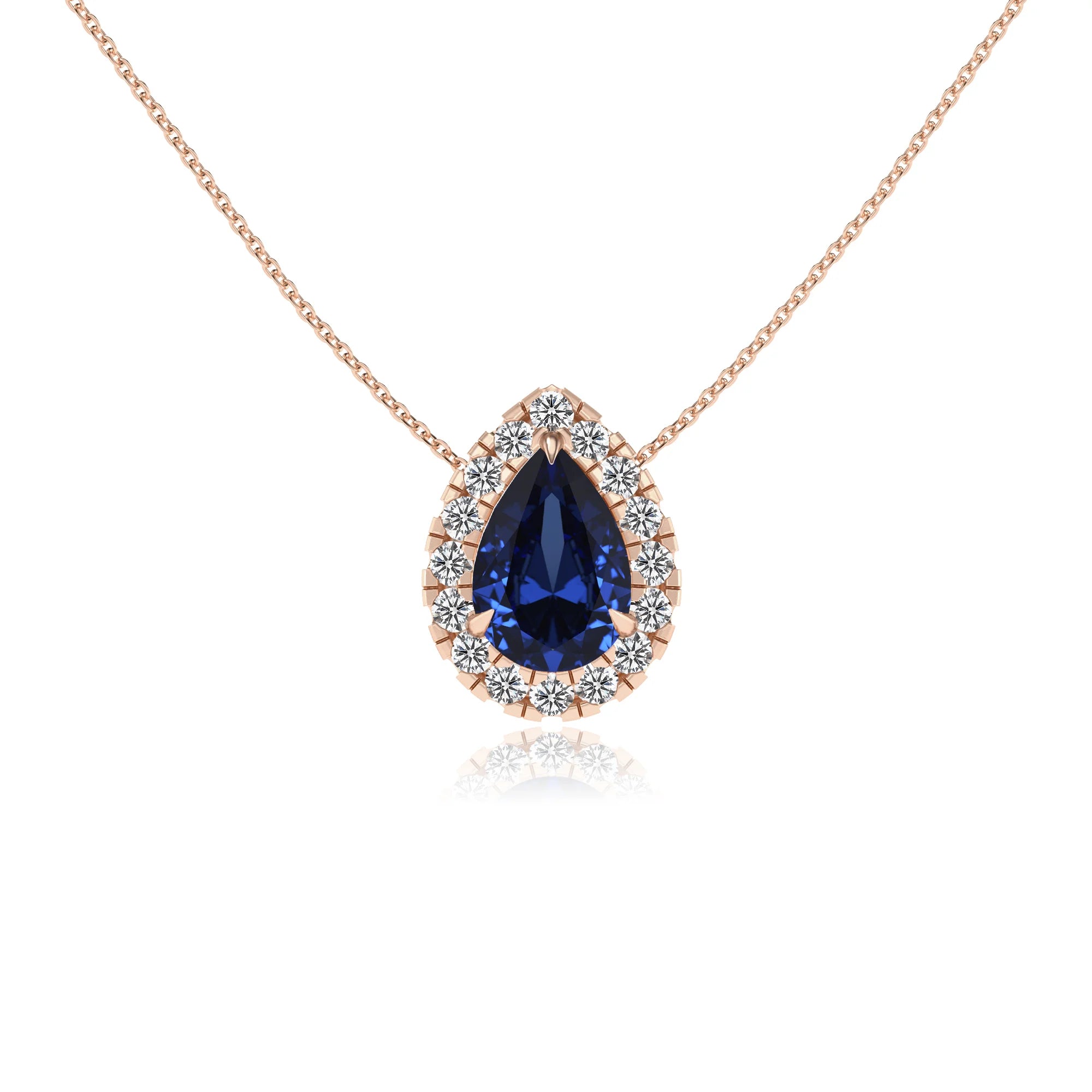 lab grown blue sapphire pear solitaire necklaces in rose gold 