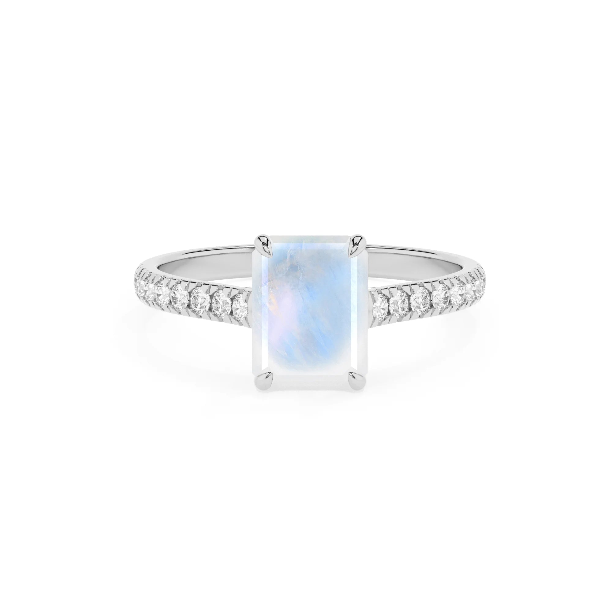 natural rainbow-moonstone emerald cut half eternity solitaire engagement rings in white gold 