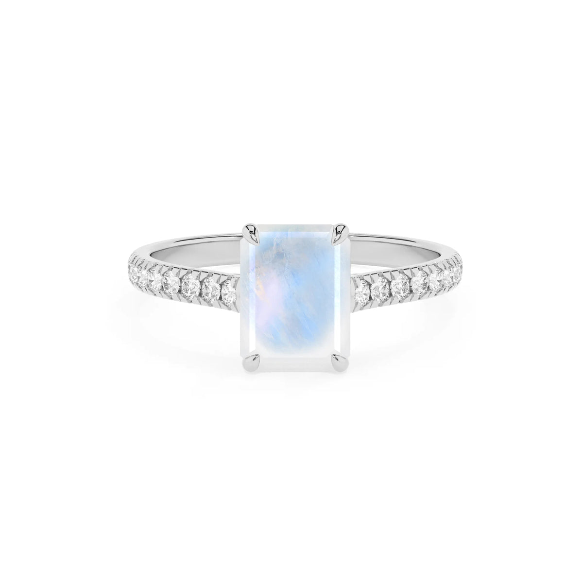 natural rainbow-moonstone emerald cut half eternity solitaire engagement rings in white gold 