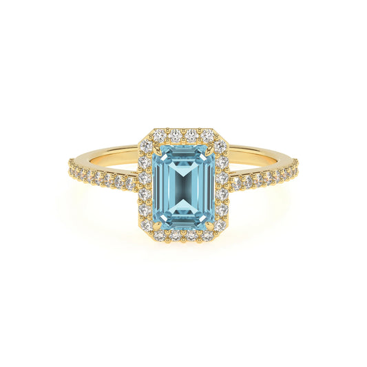 lab grown aquamarine emerald cut solitaire rings in yellow gold 