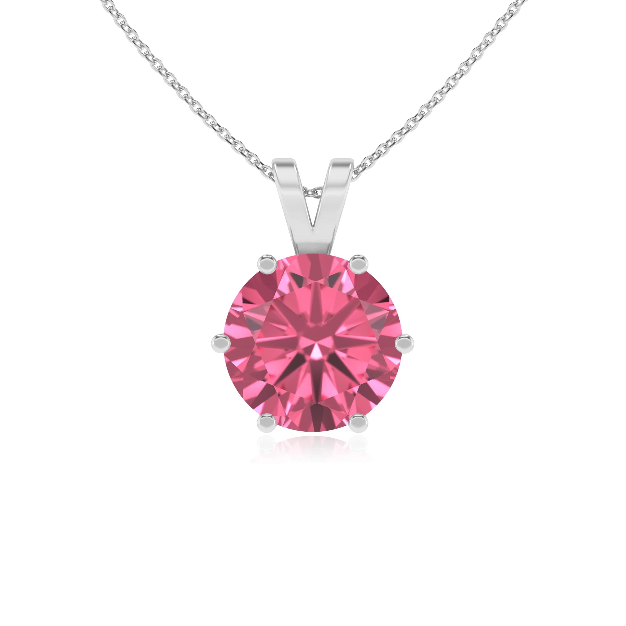 lab grown pink-tourmaline round solitaire v-bale necklaces in white gold 