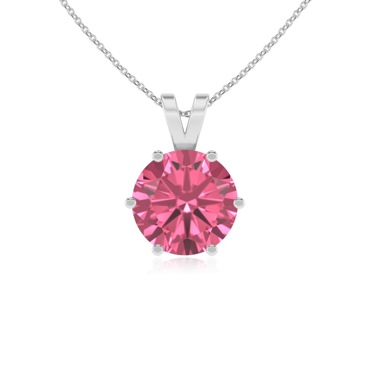 lab grown pink-tourmaline round solitaire v-bale necklaces in white gold 