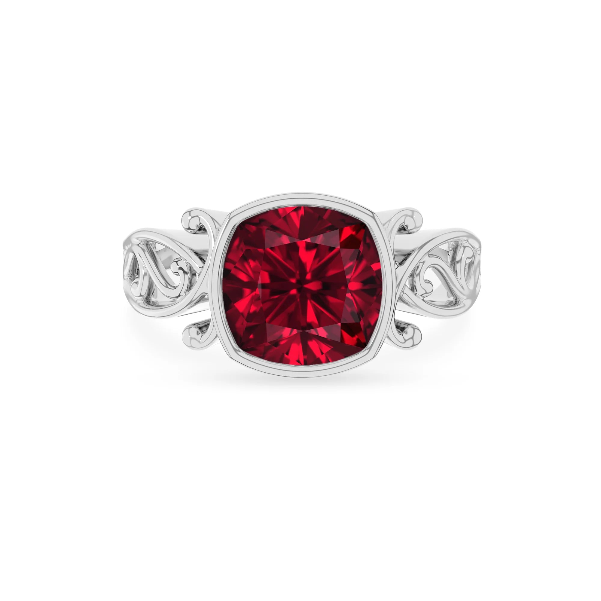 lab grown ruby cushion solitaire rings in platinum 