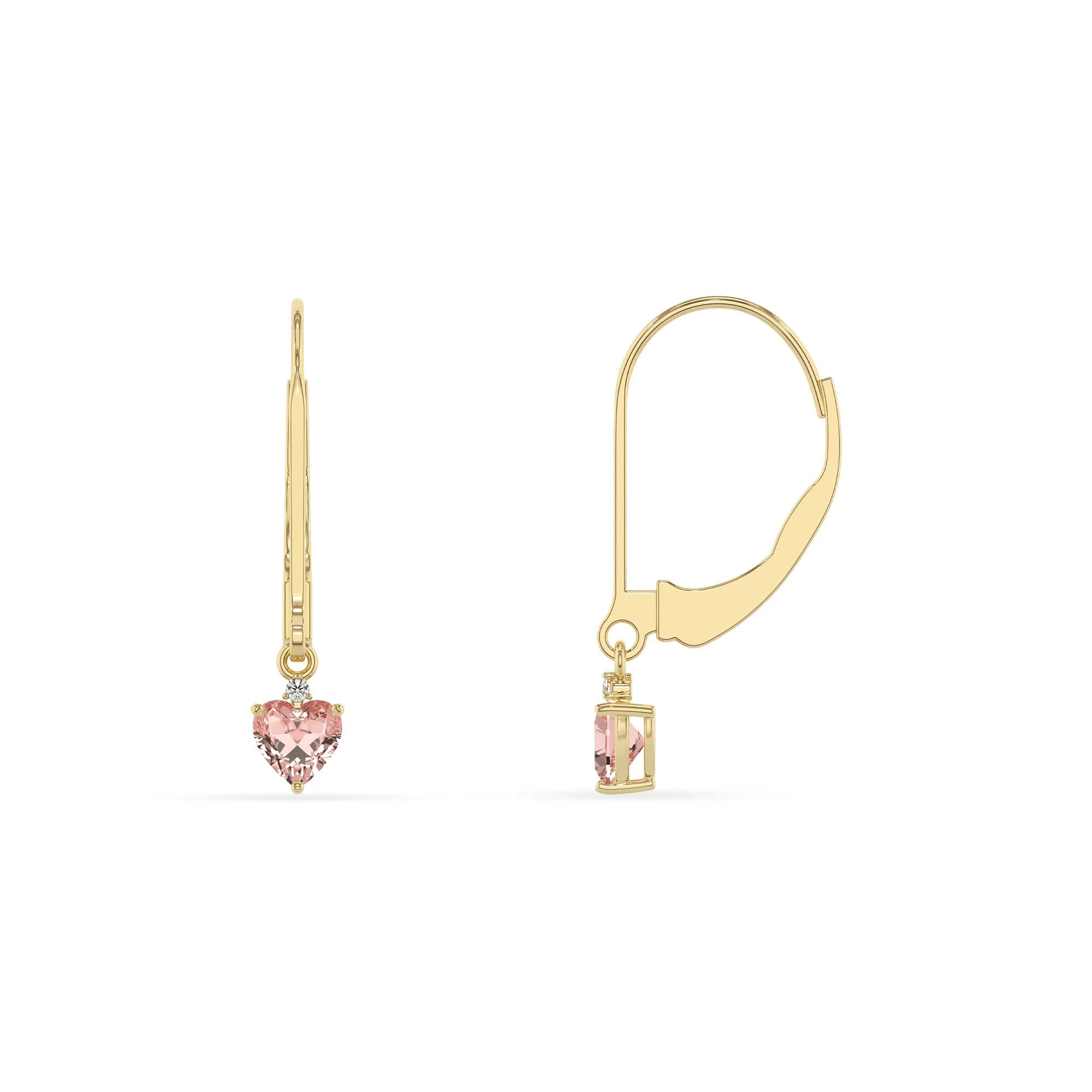 lab grown morganite heart drop earrings in yellow gold 