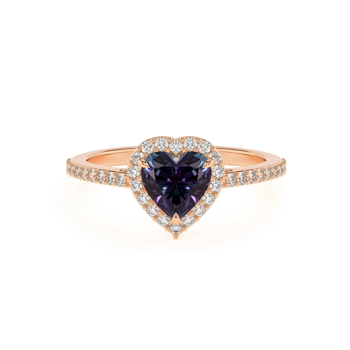 lab grown alexandrite heart solitaire rings in rose gold 