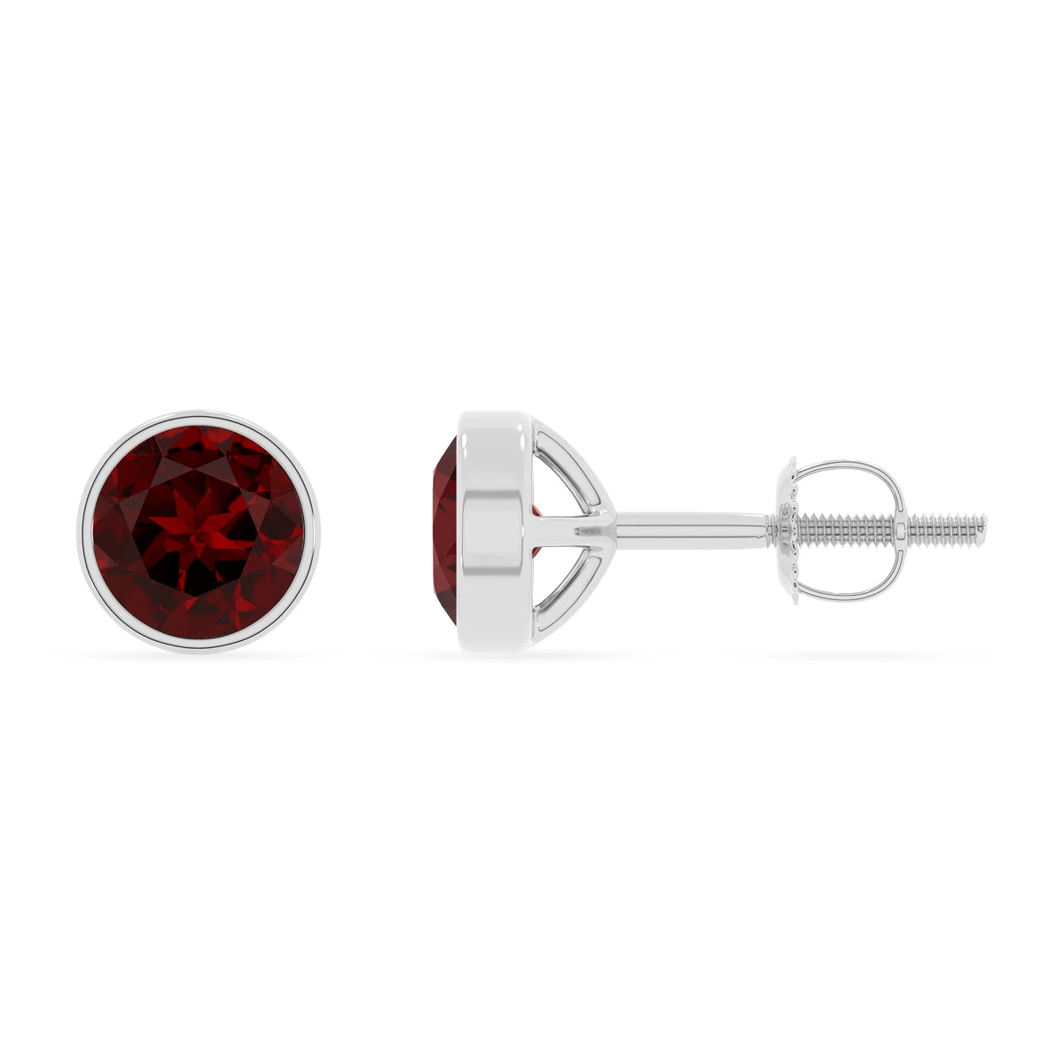 natural garnet round stud earrings in white gold 