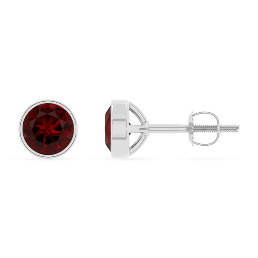 natural garnet round stud earrings in white gold 