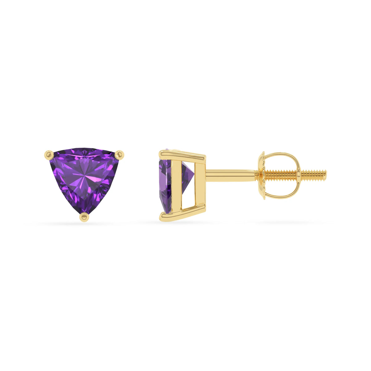 lab grown amethyst trillion stud earrings in yellow gold 