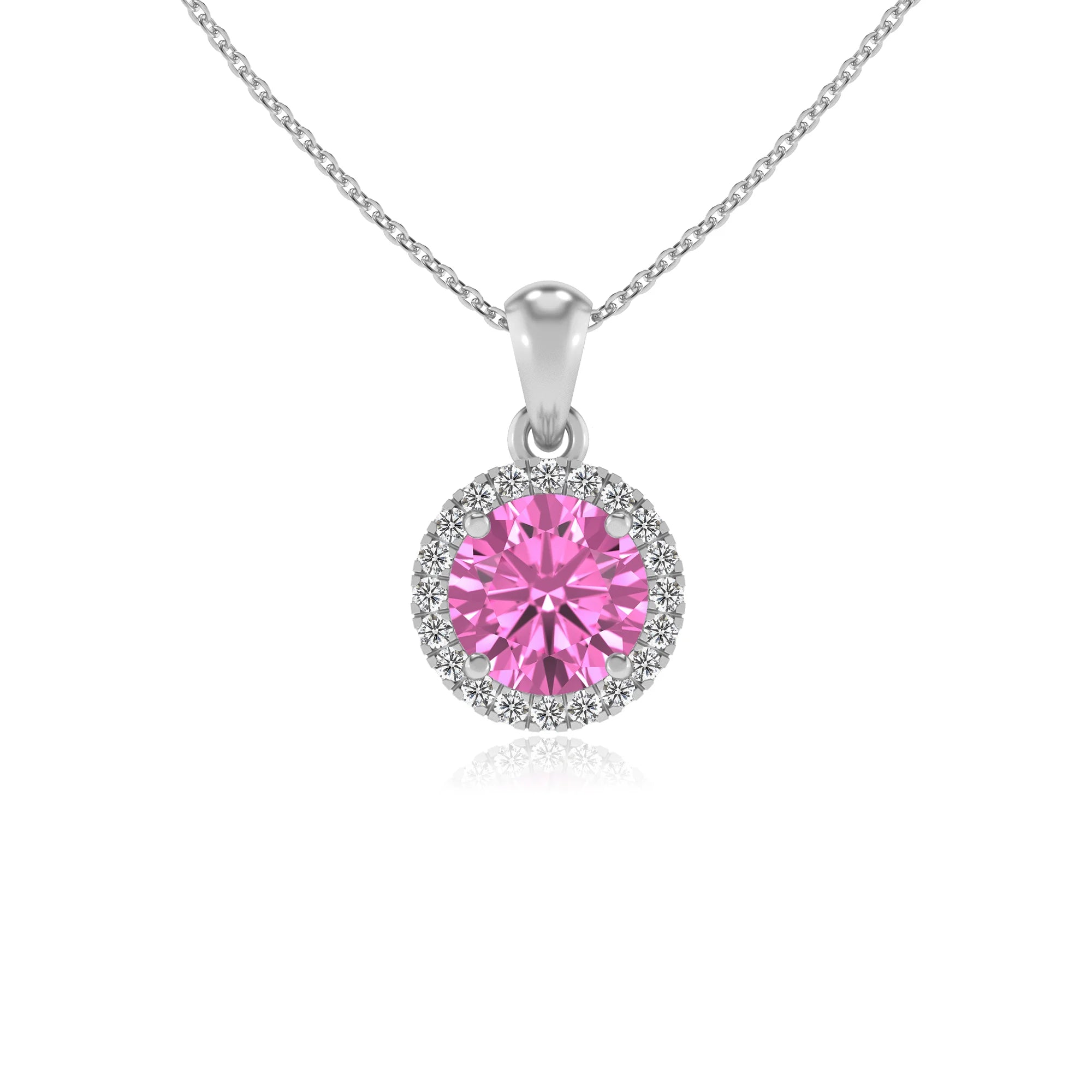 lab grown pink-sapphire round solitaire necklaces in white gold 