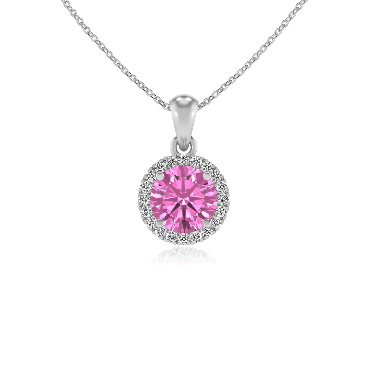 lab grown pink-sapphire round solitaire necklaces in white gold 