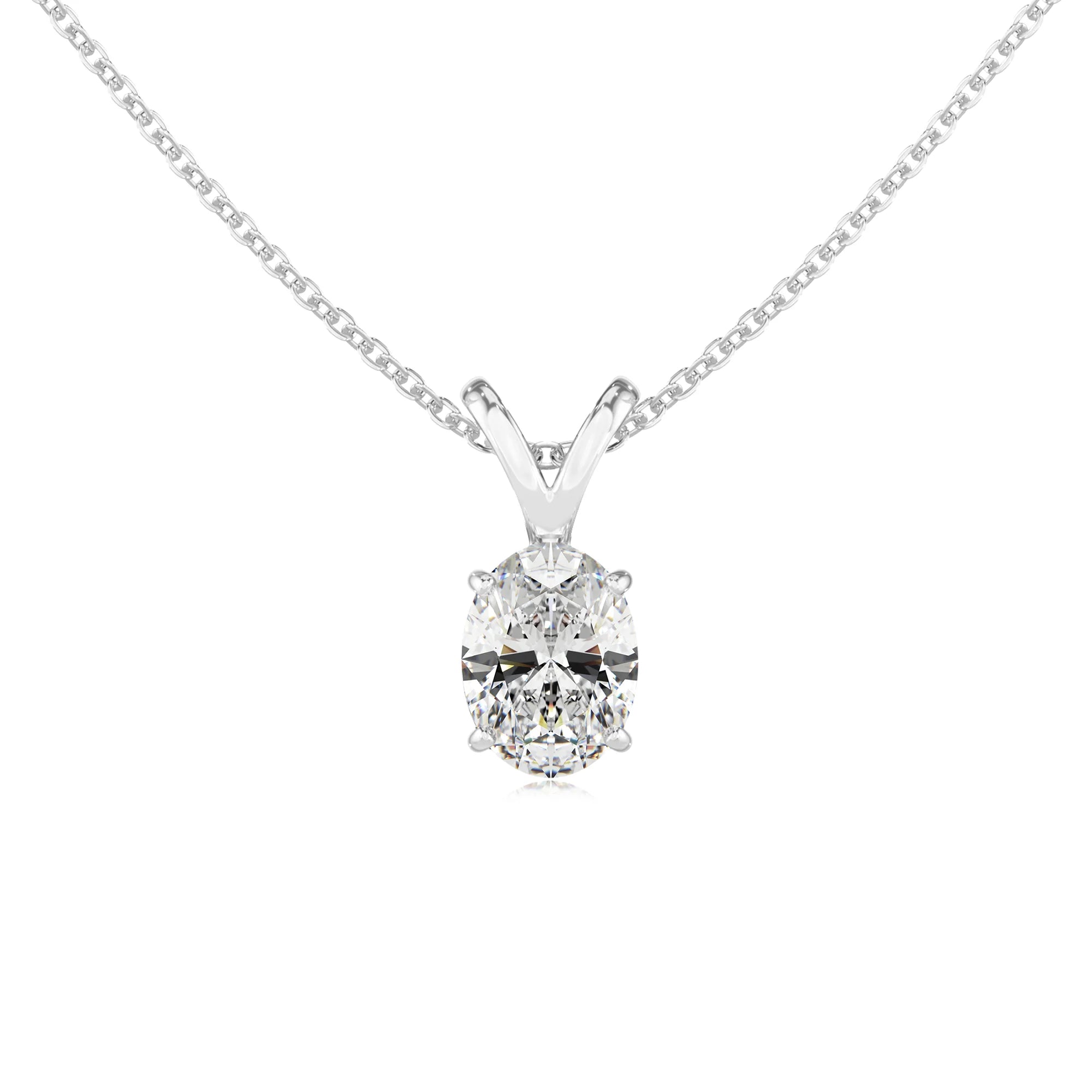lab grown moissanite oval solitaire v-bale necklaces in sterling silver 