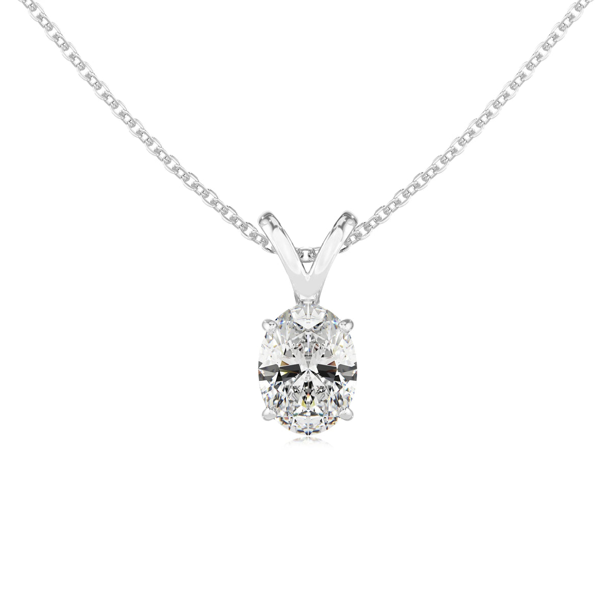 lab grown moissanite oval solitaire v-bale necklaces in sterling silver 