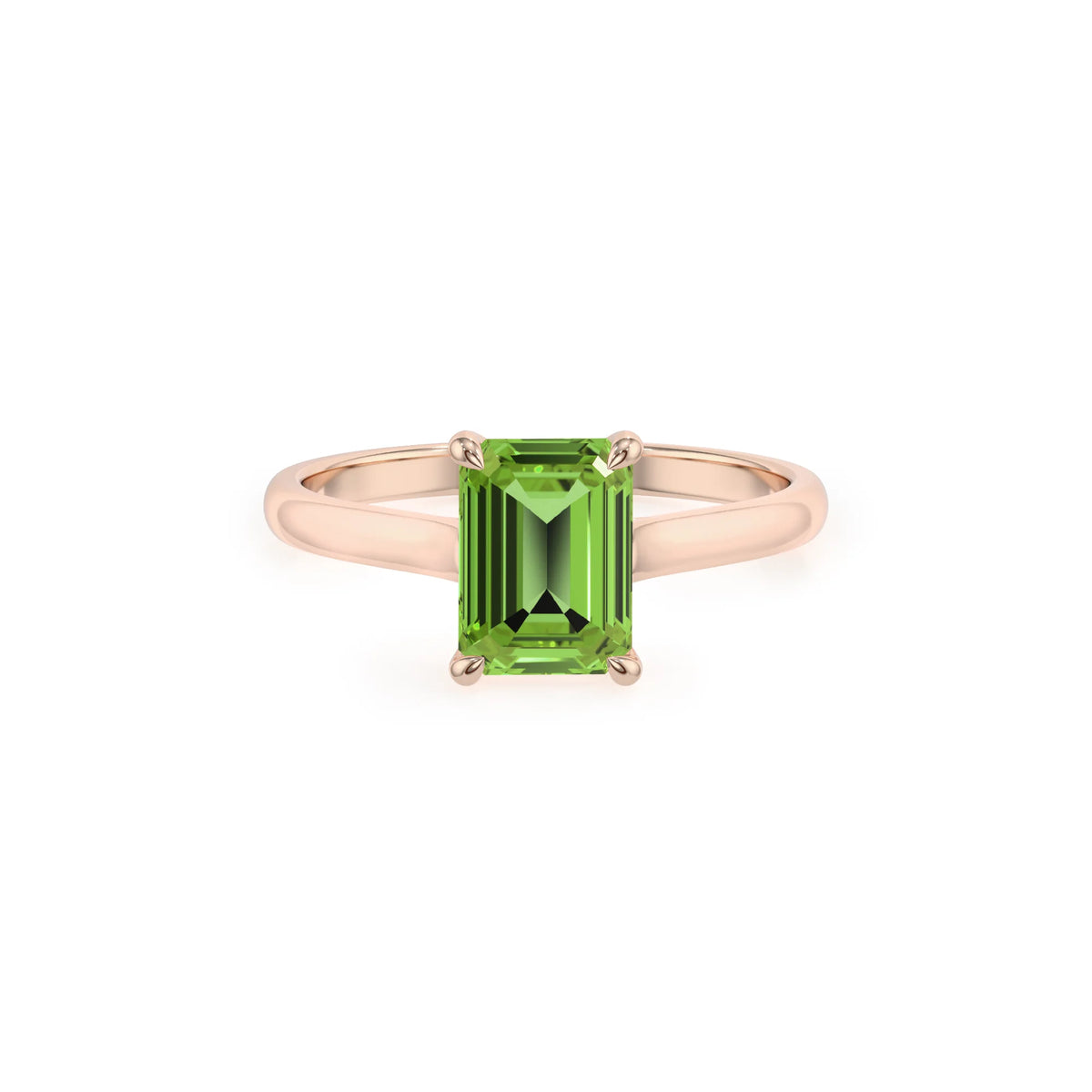 natural peridot emerald cut solitaire rings in rose gold 