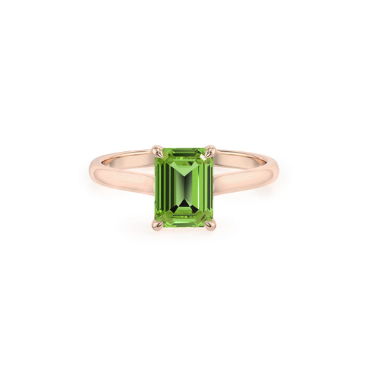 natural peridot emerald cut solitaire rings in rose gold 