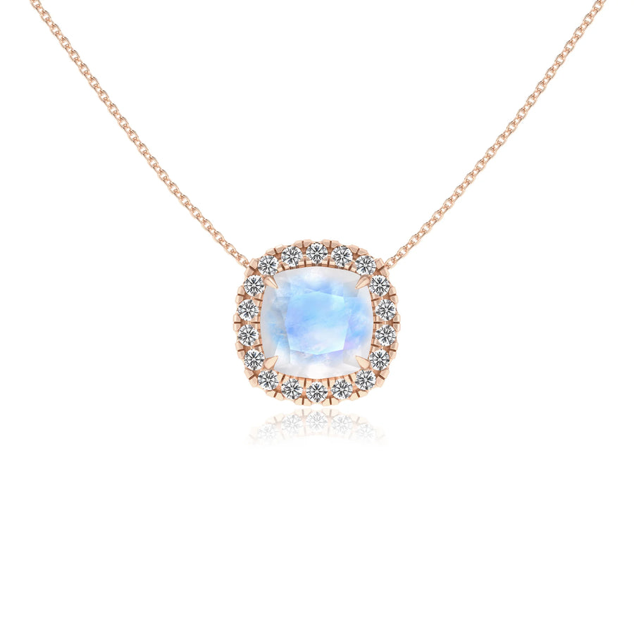 natural rainbow moonstone cushion solitaire necklaces in rose gold 
