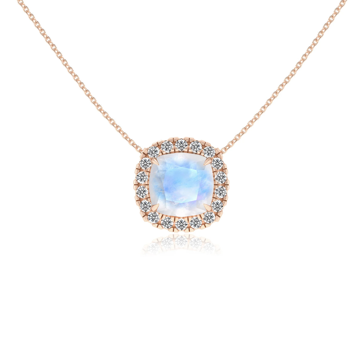natural rainbow moonstone cushion solitaire necklaces in rose gold 