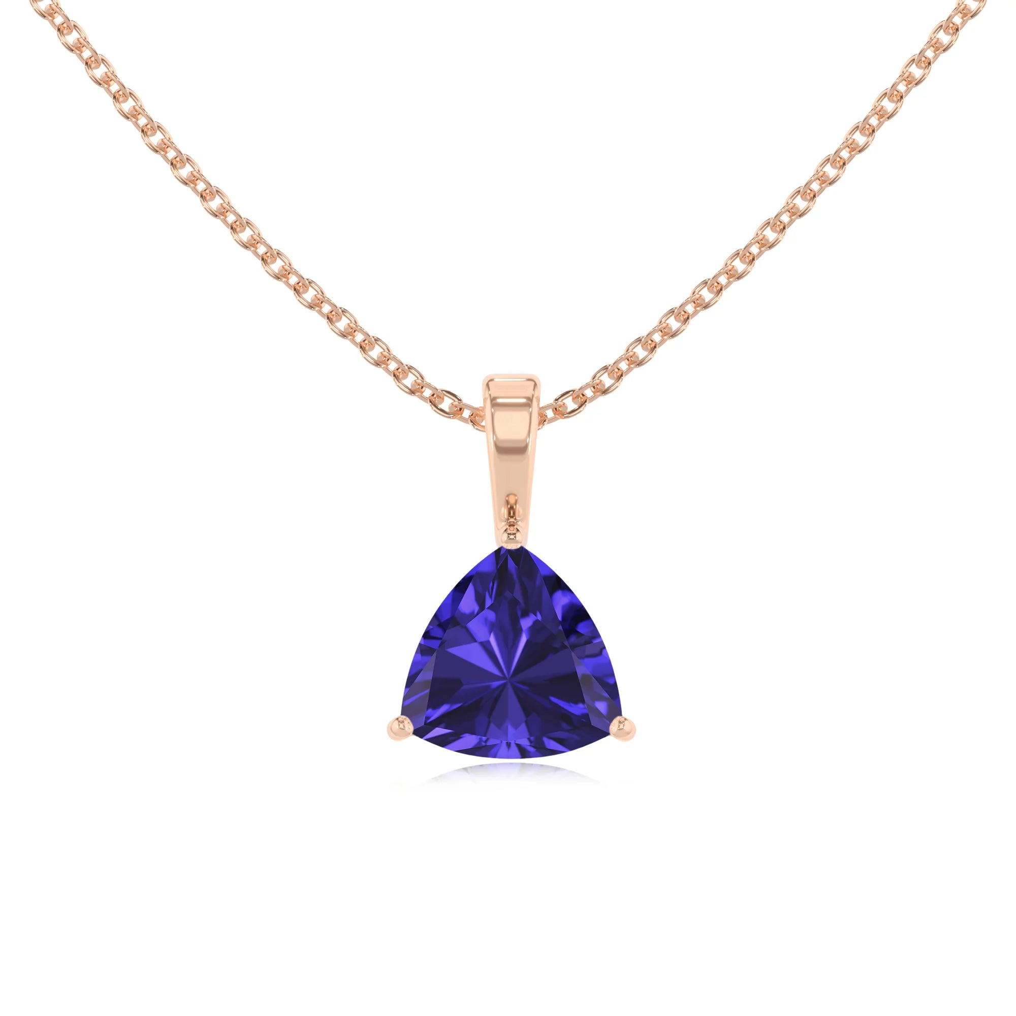 lab grown tanzanite trillion solitaire necklaces in rose gold 
