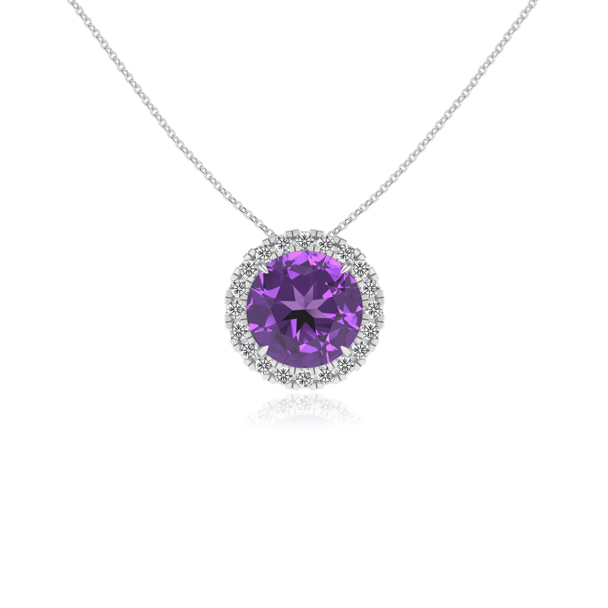 lab grown amethyst round solitaire necklaces in platinum 