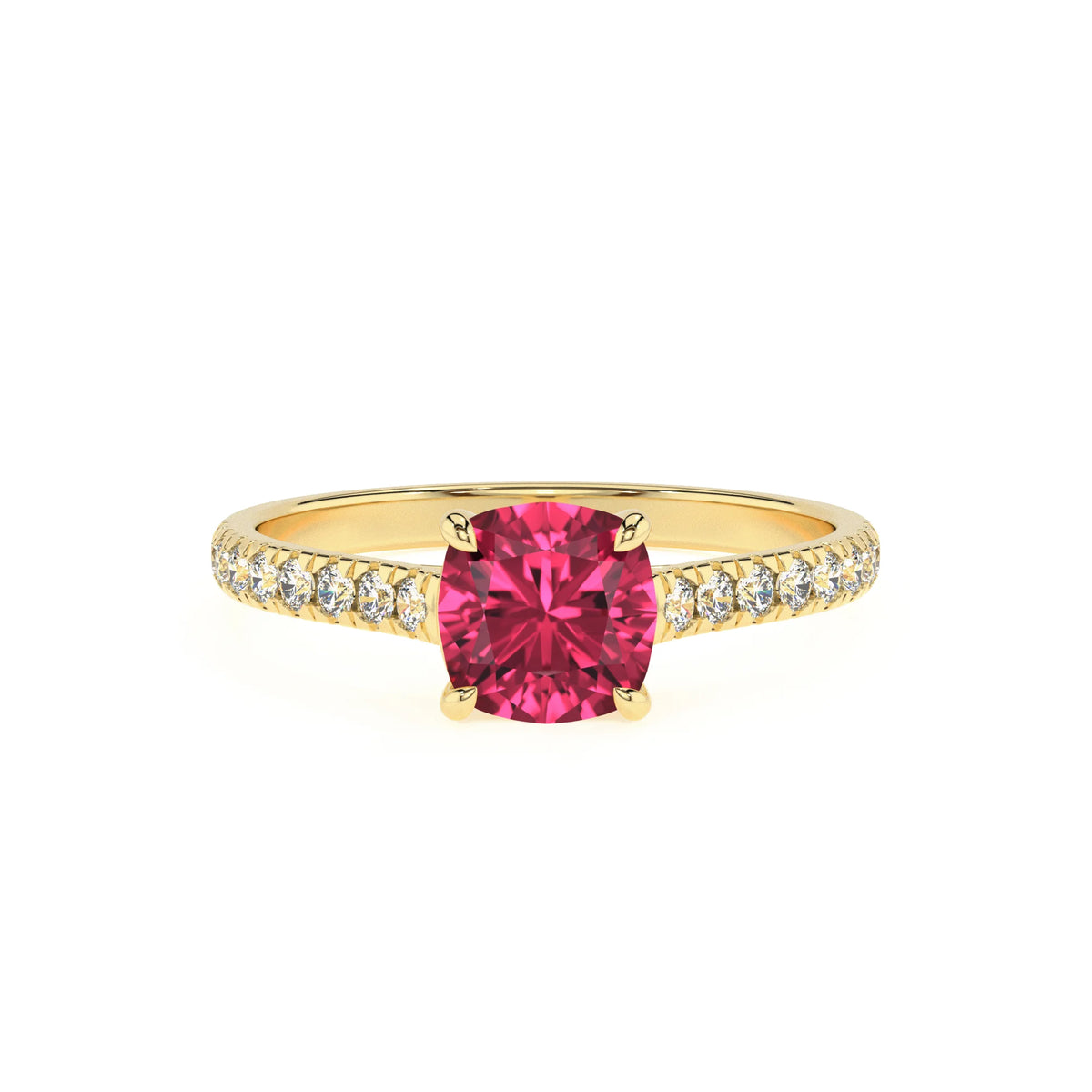 lab grown pink-tourmaline cushion half eternity solitaire engagement rings in yellow gold 