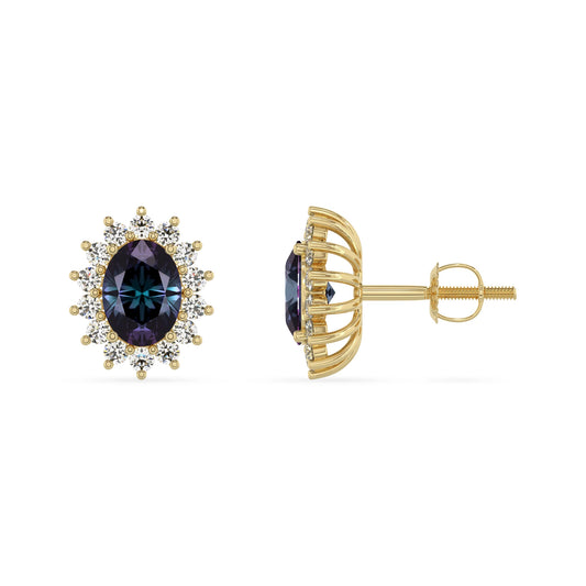 lab grown alexandrite oval stud earrings in yellow gold 