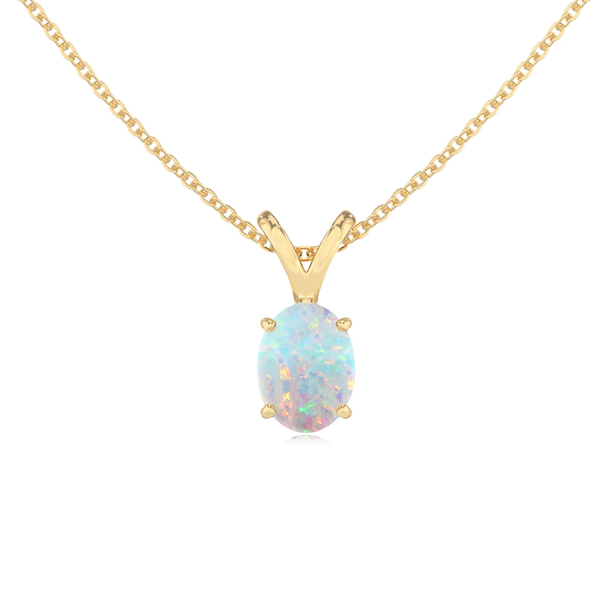 lab grown opal oval solitaire v-bale necklaces in yellow gold 