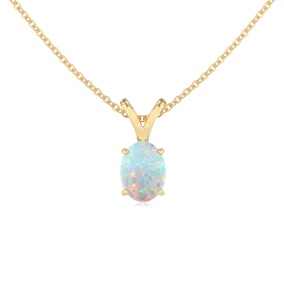 lab grown opal oval solitaire v-bale necklaces in yellow gold 