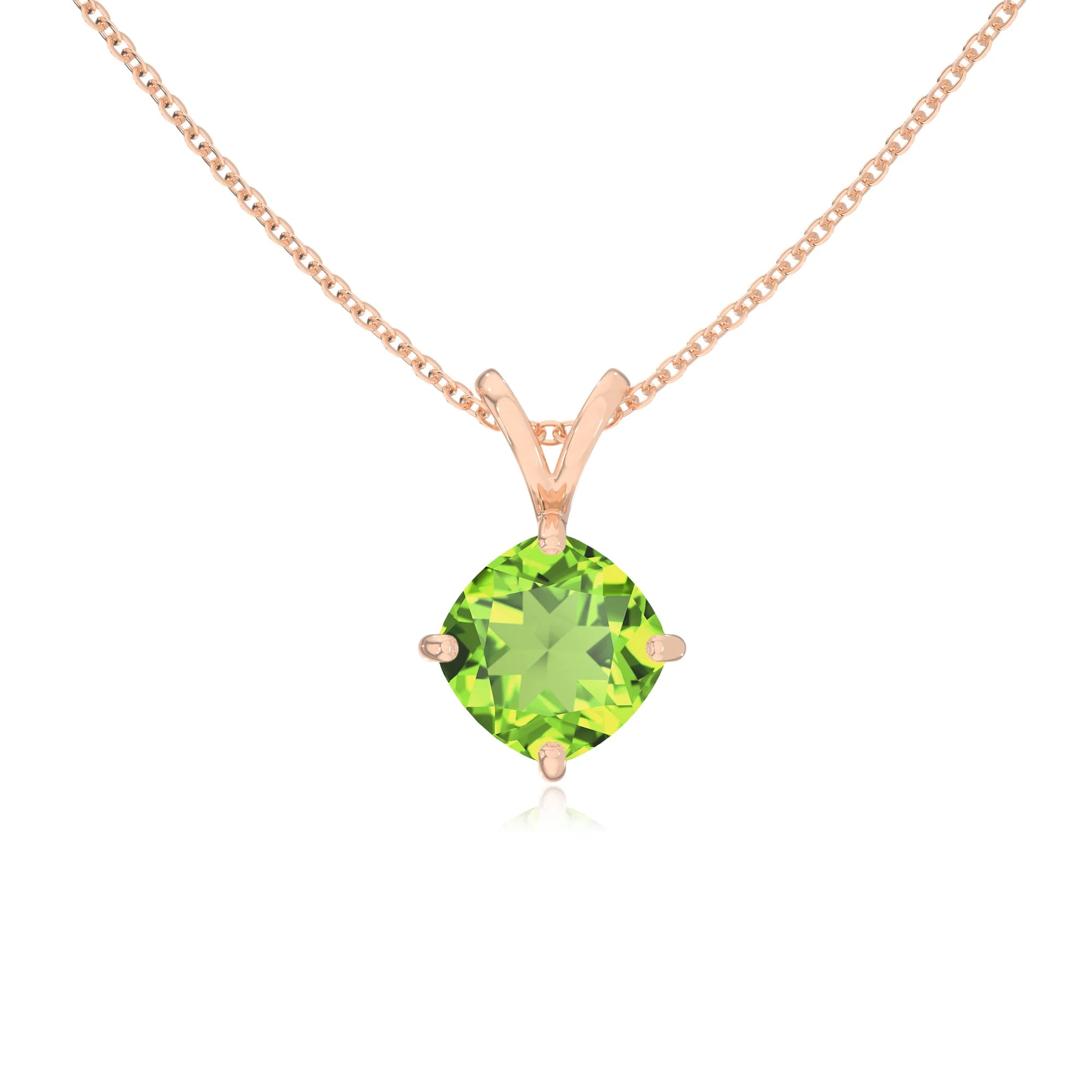 natural peridot cushion solitaire v-bale necklaces in rose gold 