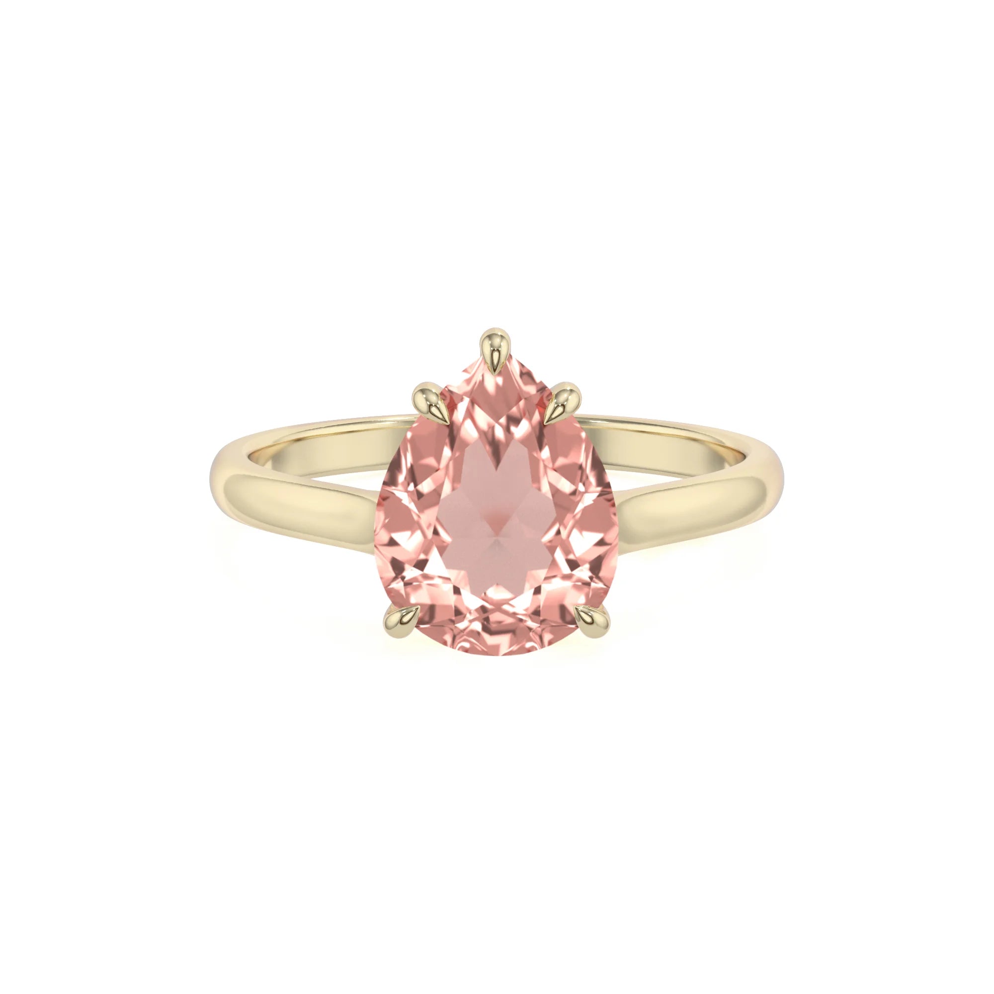 lab grown morganite pear solitaire rings in yellow gold 