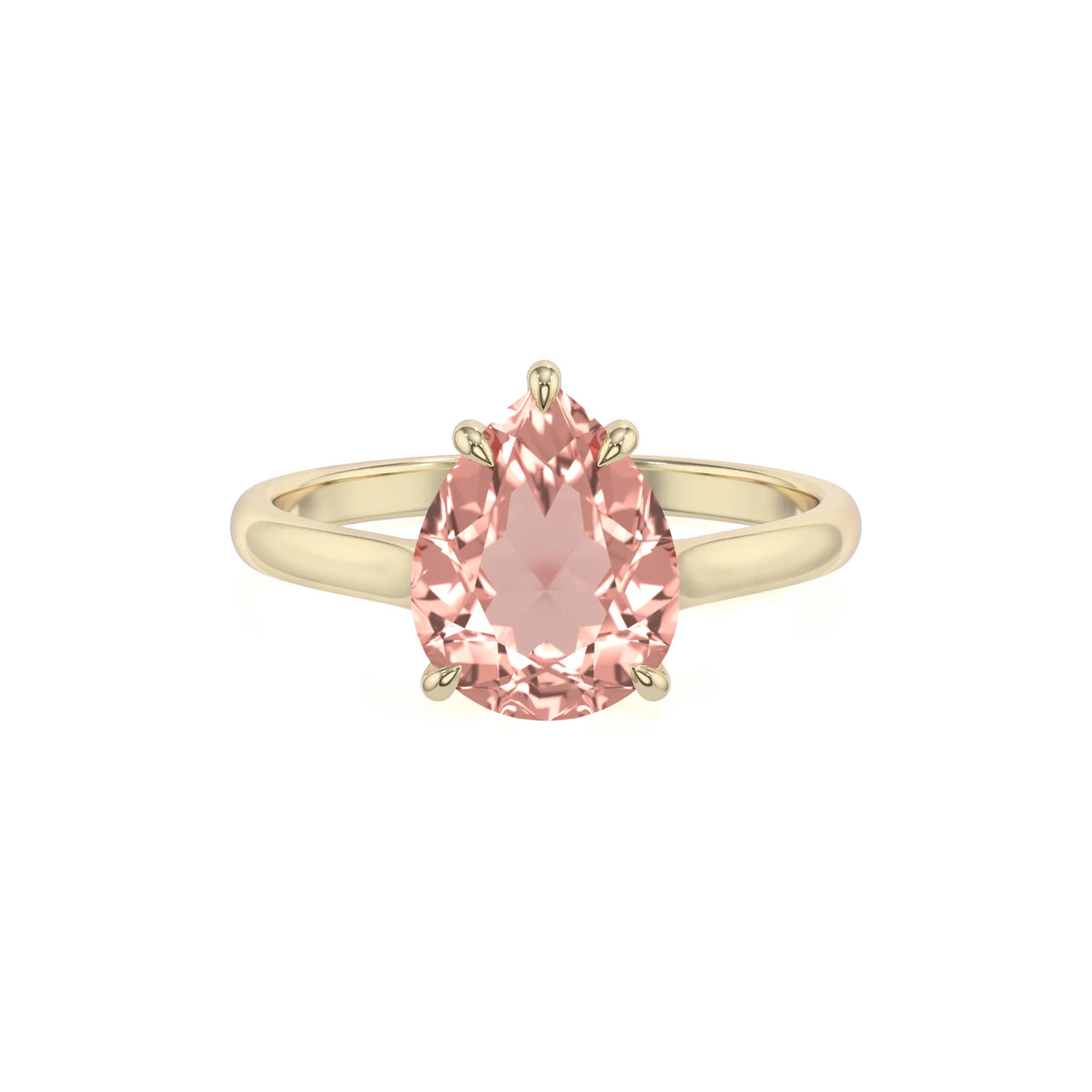 lab grown morganite pear solitaire rings in yellow gold 