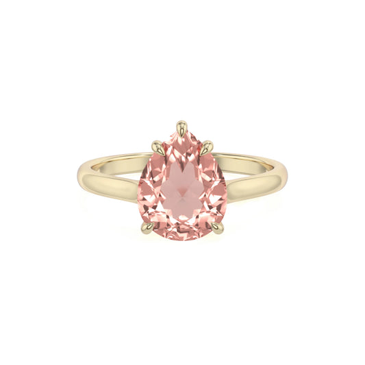 lab grown morganite pear solitaire rings in yellow gold 