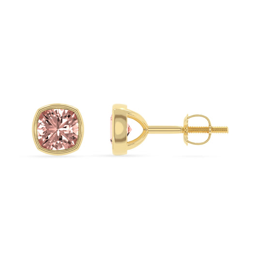 lab grown morganite cushion stud earrings in yellow gold 