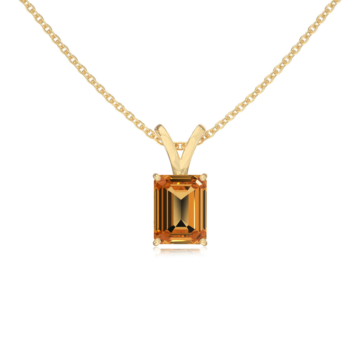 lab grown citrine emerald cut solitaire v-bale necklaces in yellow gold 