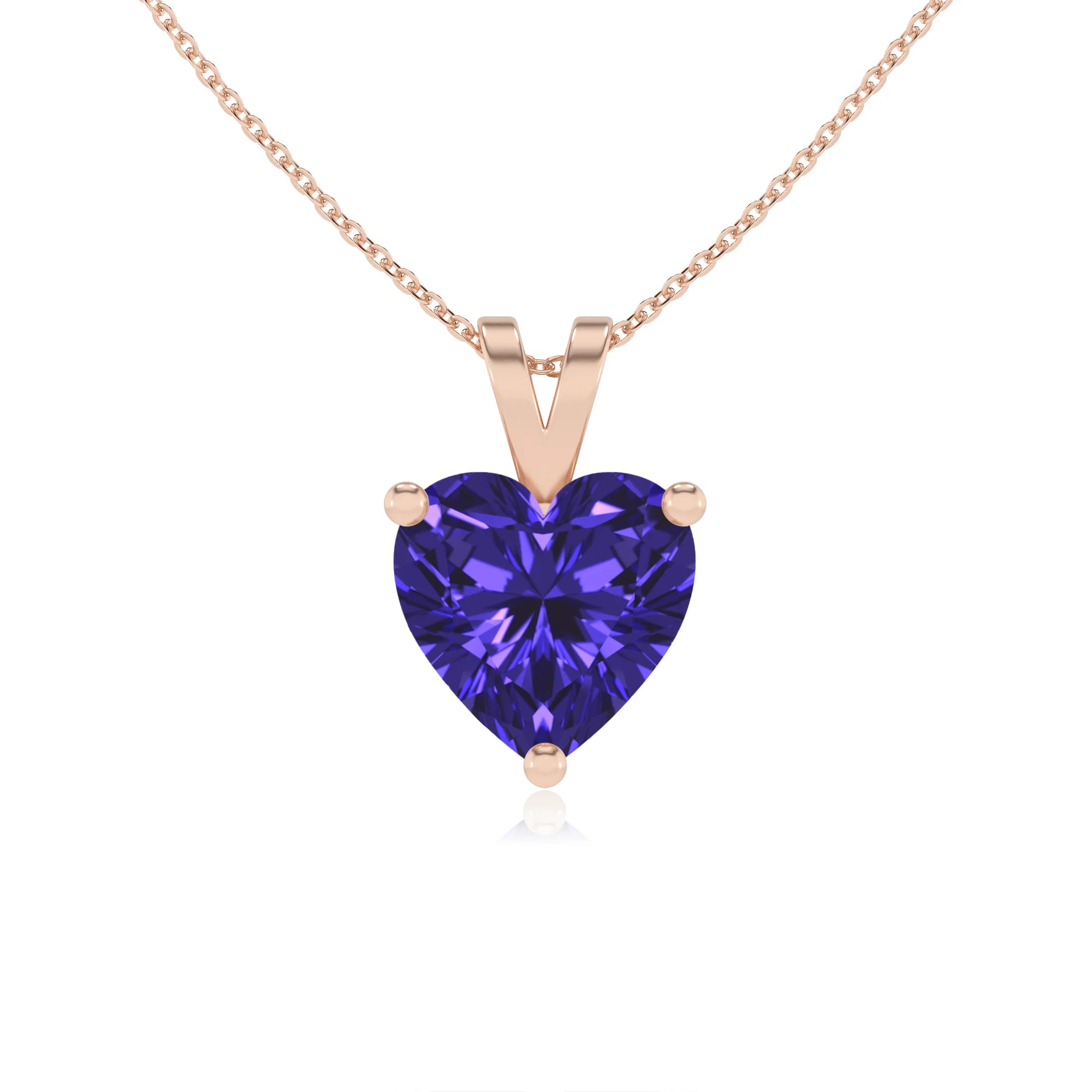 lab grown tanzanite heart solitaire v-bale necklaces in rose gold 