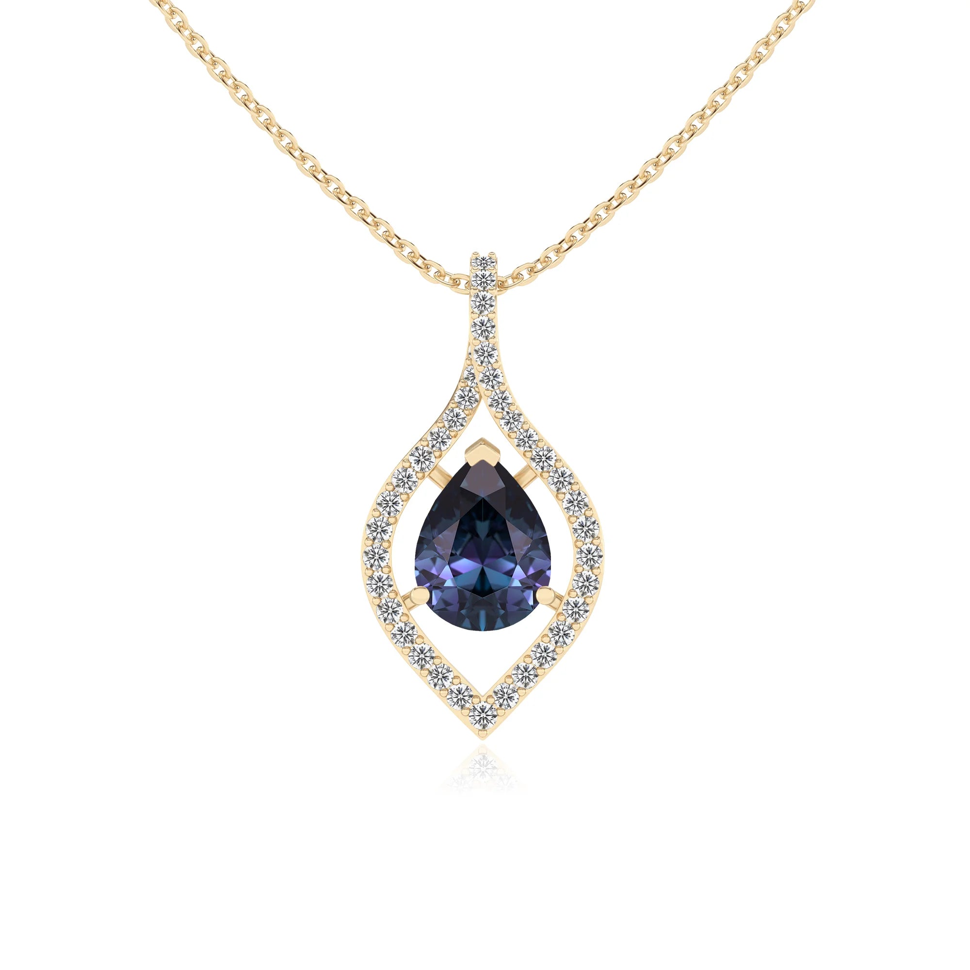 lab grown alexandrite pear infinity necklaces in yellow gold 