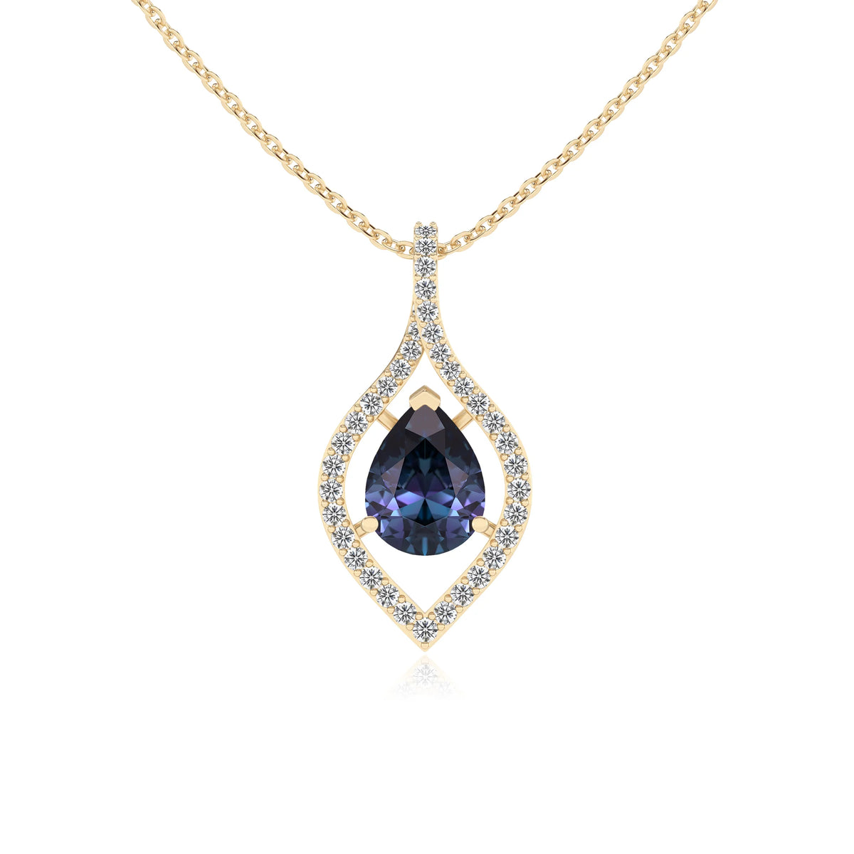 lab grown alexandrite pear infinity necklaces in yellow gold 
