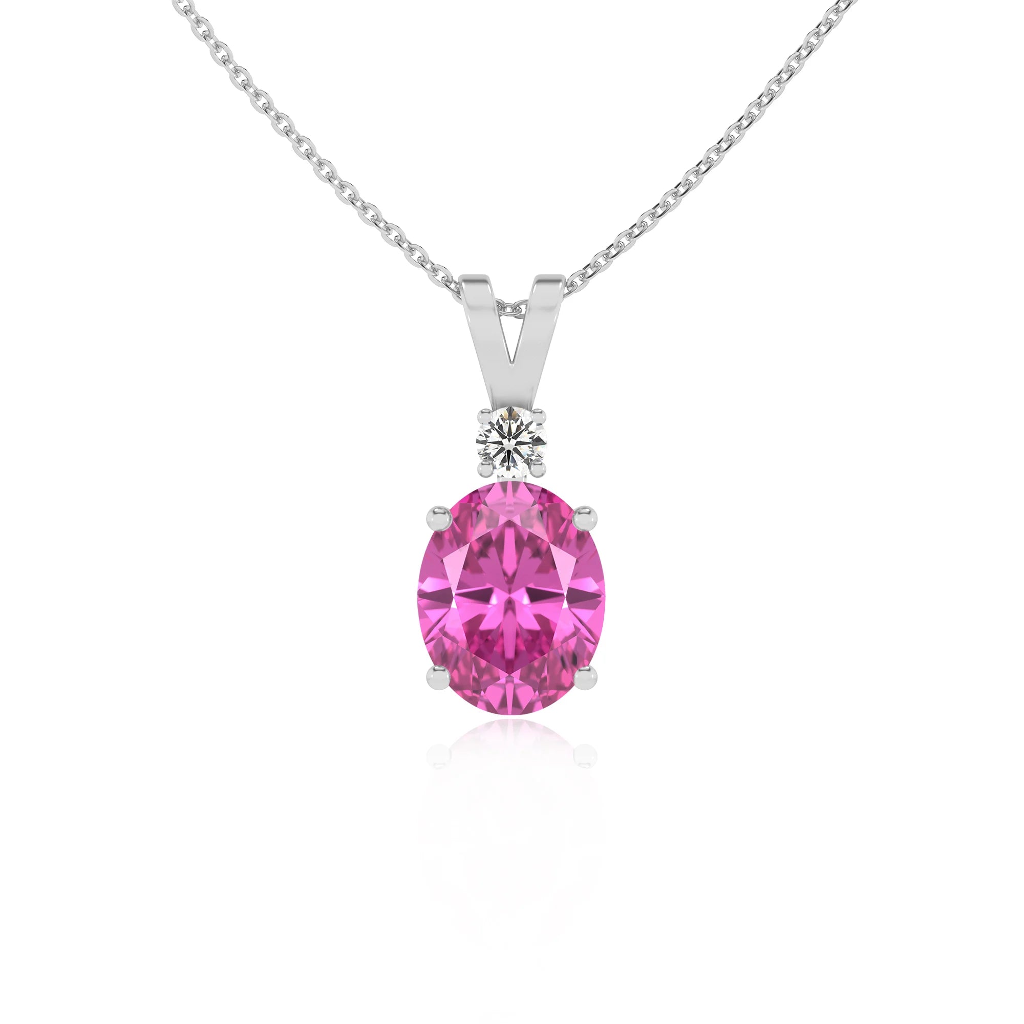 lab grown pink-sapphire oval solitaire v-bale necklaces in white gold 