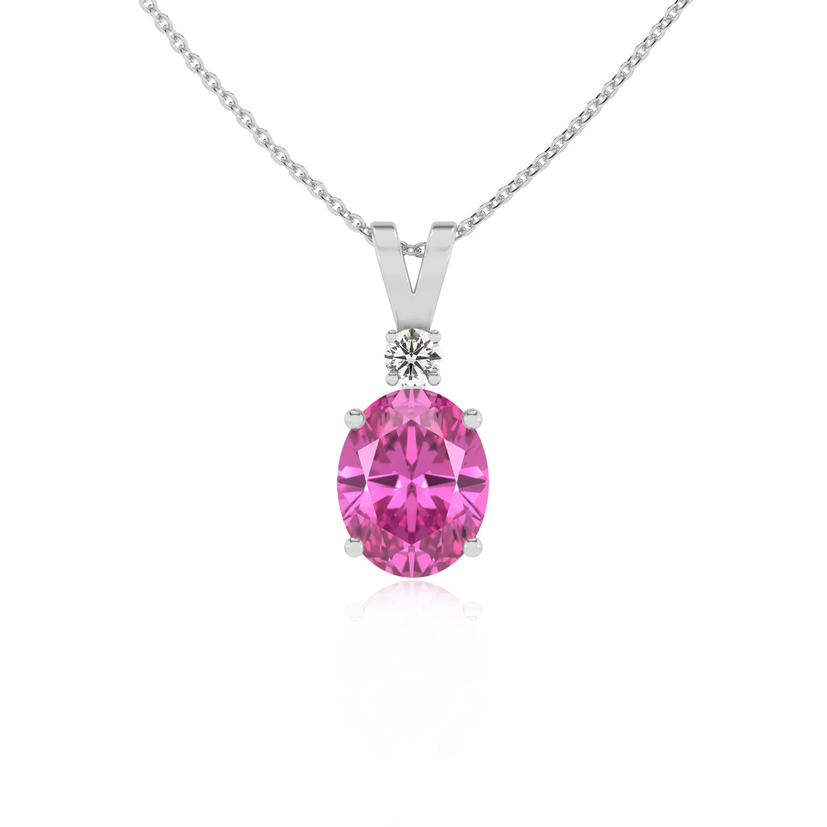lab grown pink-sapphire oval solitaire v-bale necklaces in white gold 