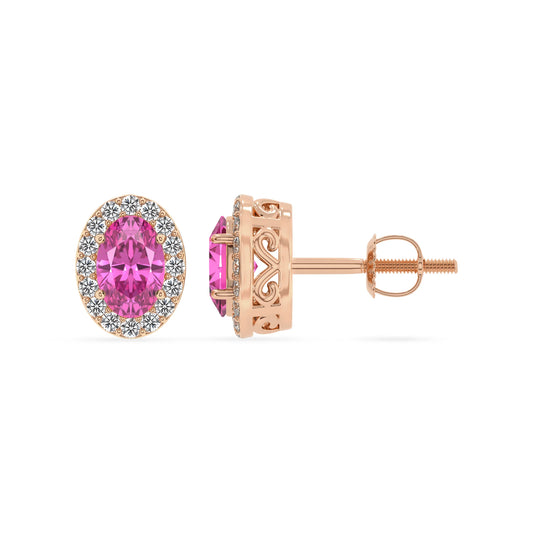 lab grown pink sapphire oval stud earrings in rose gold 