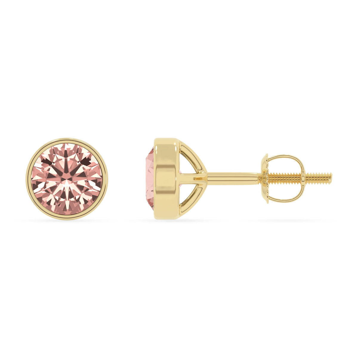lab grown morganite round stud earrings in yellow gold 